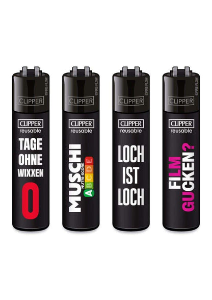 Schwarze refillbare clipper feuerzeuge mit weißen und bunten textelementen im design loch ist loch eier am strand