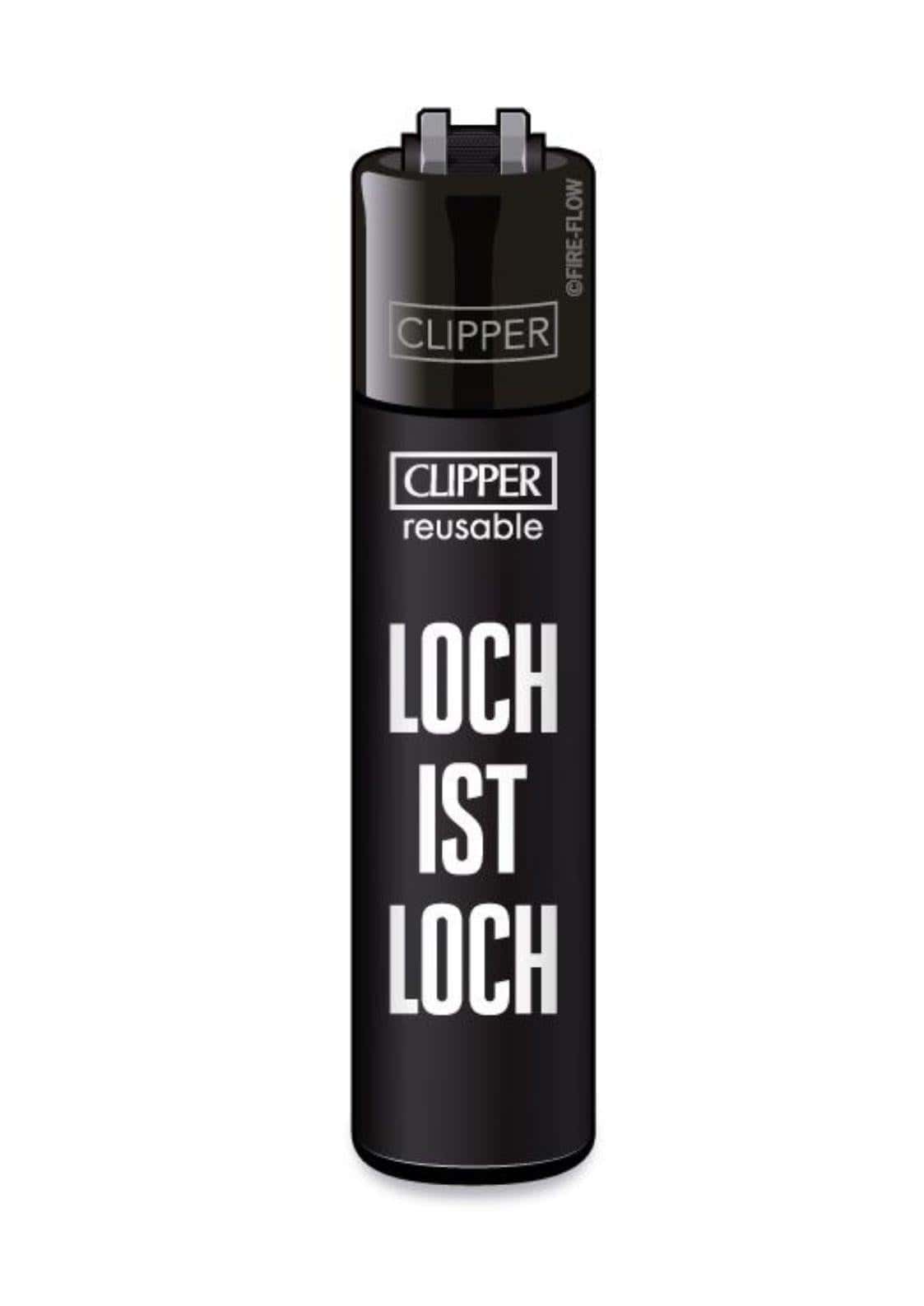 Schwarzes clipper feuerzeug refillbar mit weißem text loch ist loch auf zylindrischem körper eier am strand design