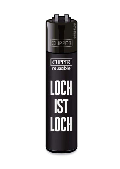 Schwarzes clipper feuerzeug refillbar mit weißem text loch ist loch auf zylindrischem körper eier am strand design
