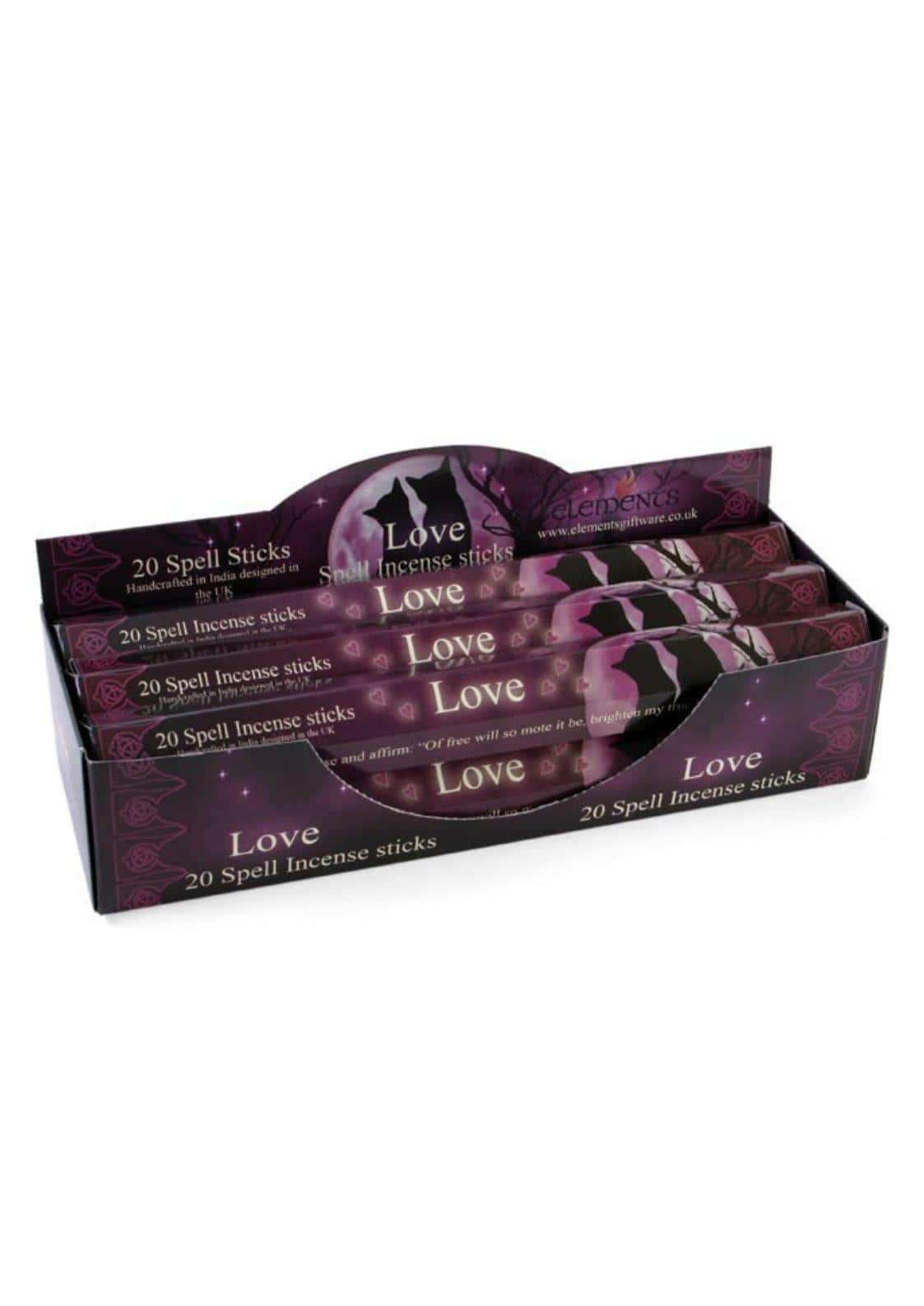 Purple und schwarze love elements räucherstäbchen in einer gebrandeten displaybox für liebe elemente incense