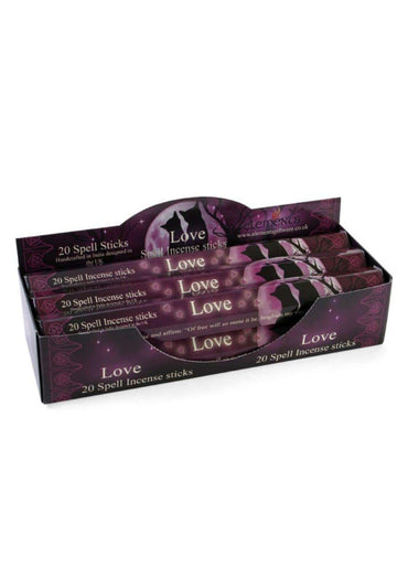 Purple und schwarze love elements räucherstäbchen in einer gebrandeten displaybox für liebe elemente incense