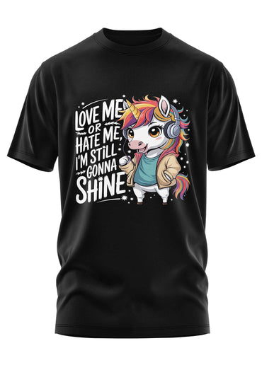 Schwarzes schweres unisex t-shirt love me or hate me mit niedlichem einhorn in jacke und kopfhörern aus strapazierfähigem stoff in weicher qualität