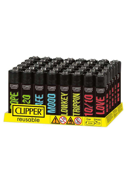Schwarze wiederbefüllbare clipper feuerzeuge mit bunten neonfarbenen texten für gothic kleidung und horror stil