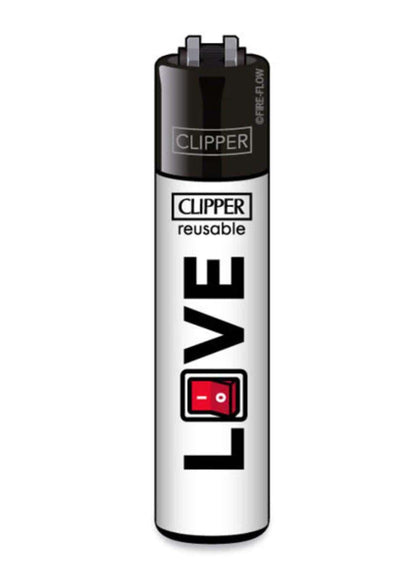 Silber schwarzes clipper feuerzeug nachfüllbar mit love schriftzug und rotem power button für gothic dark fashion fans