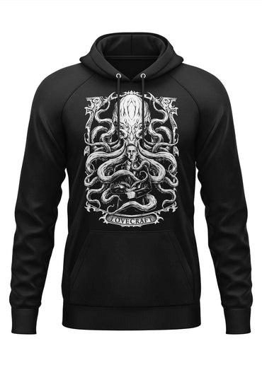 Schwarzer lovecraft hoodie aus baumwolle mit weißem gothic horror grafik eines krakenartigen monsters und schriftzug bitte