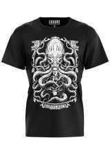 Schwarzes T-Shirt mit weißem Lovecraft-Design, das Tentakel und Schädel zeigt.