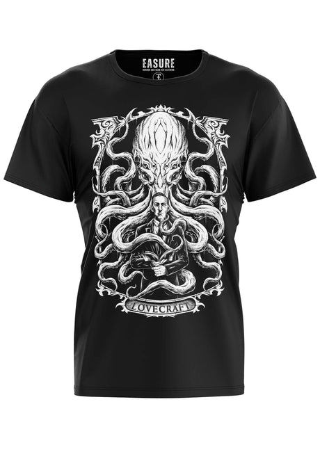 Schwarzes T-Shirt mit weißem Lovecraft-Design, das Tentakel und Schädel zeigt.