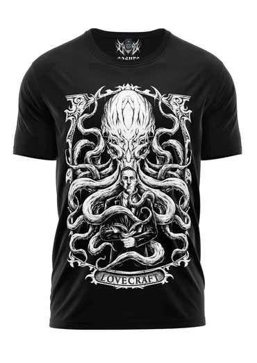 Schwarzes kurzarmshirt mit gothic lovecraft horror motiv eines weiß detaillierten oktopus und mann auf der vorderseite
