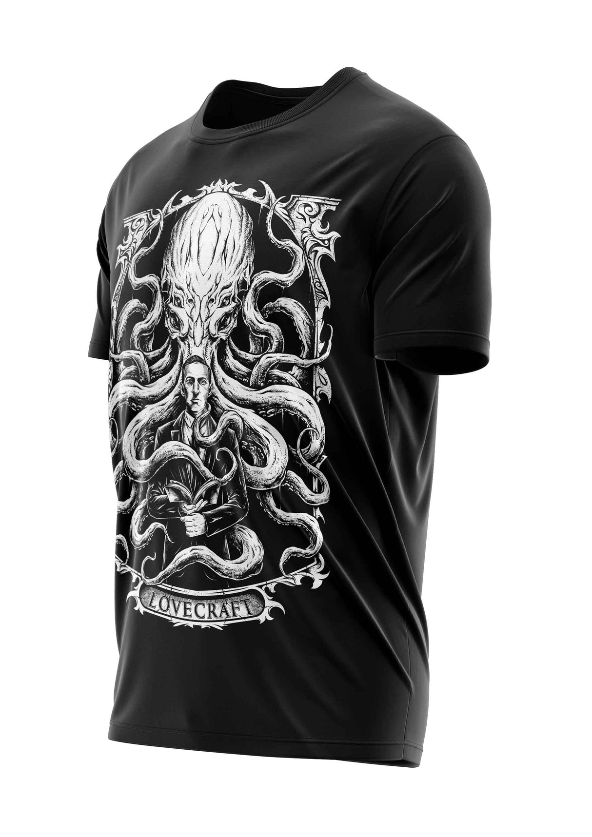 Schwarzes T-Shirt mit weißem Cthulhu-Design und Text „h.p.