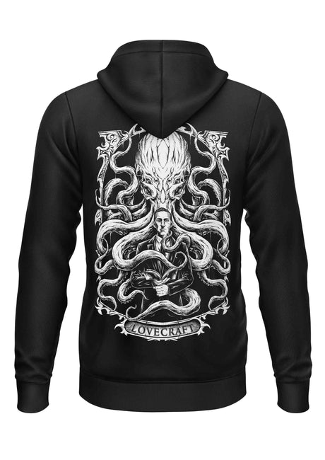 Schwarzes Kapuzensweatshirt mit weißem Cthulhu-Motiv von H.P. Lovecraft.