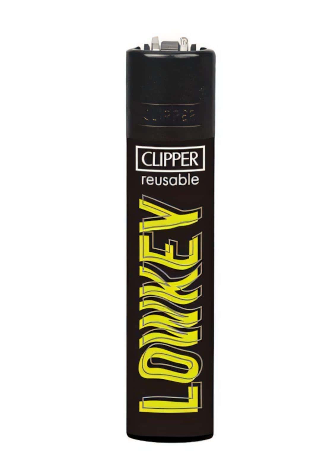 Schwarzes clipper feuerzeug lowkey mit auffälliger gelber schrift nachfüllbar ideal für gothic kleidung und horror fans