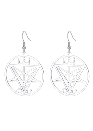 Silberne edelstahl ohrringe lucifer mit kreisförmigem pentagramm und symbolischer gravur herkunftsland china