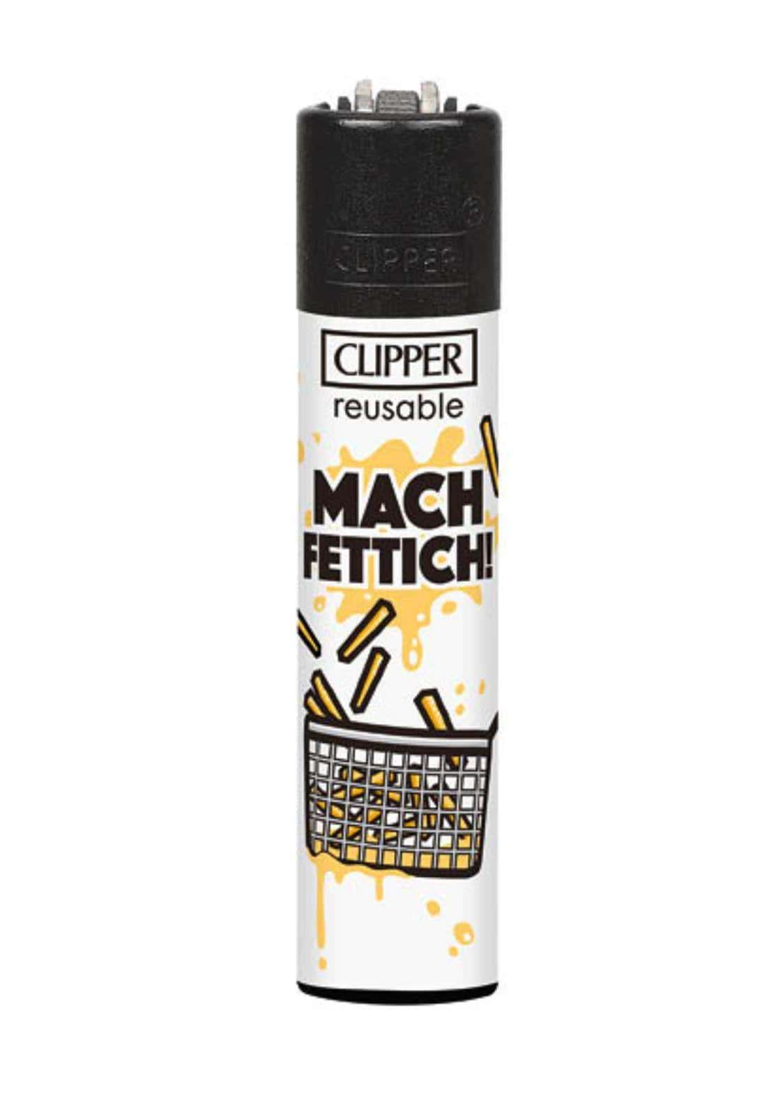 Mach fettich clipper feuerzeug nachfüllbar in weiß und schwarz mit cartoon golden pommes design