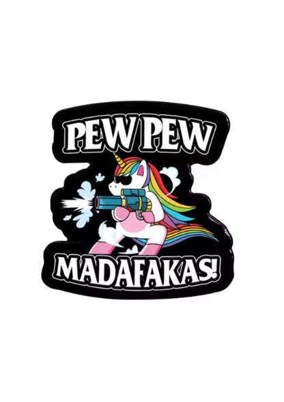 Unicorn sticker pin madafakas with rainbow mane and tail holding machine gun gothic horror style