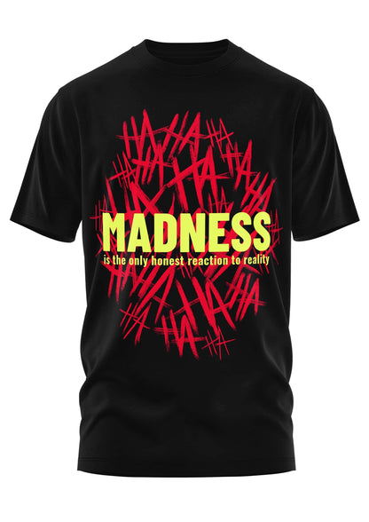 Schwarzes cotton t-shirt madness mit gelbem gothic horror grafik und phrase is the only honest reaction to reality