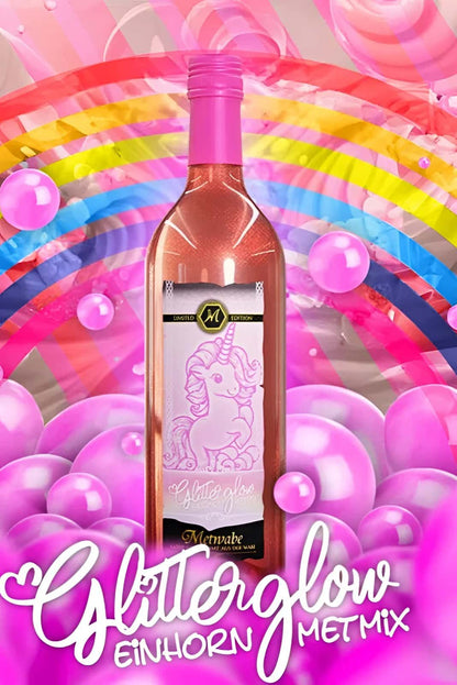 Magischer met glitterglow pinke einhorn-flasche mit glitteriger rosegoldoberfläche und magentafarbenem korken