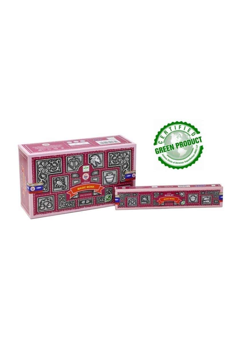 Pink rechteckige räucherstäbchenbox magic monk von satya mit gothic mustern und rotem magic spice banner in goldbuchstaben