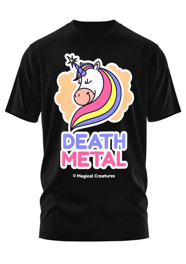 Schweres unisex t-shirt mit buntem cartoon einhorn und magischem death metal print aus strapazierfähigem stoff