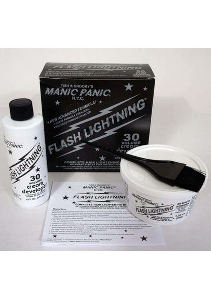 Weiße plastikflasche mit schwarzem deckel und label flash lightning 30 volume developer von manic panic im bleichset kit blitz blitz blitz
