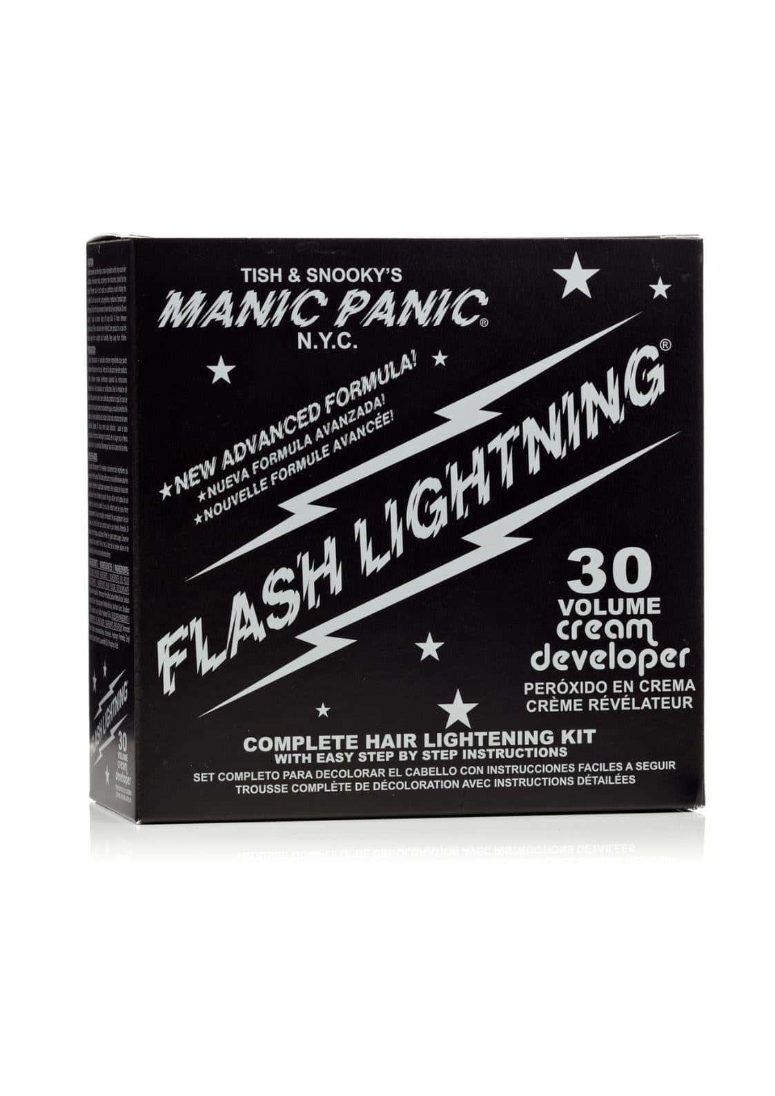 Black and white box of manic panic n.y.c bleichset kit 30 volume bleach for blondierung use