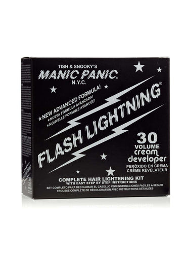 Black and white box of manic panic n.y.c bleichset kit 30 volume bleach for blondierung use