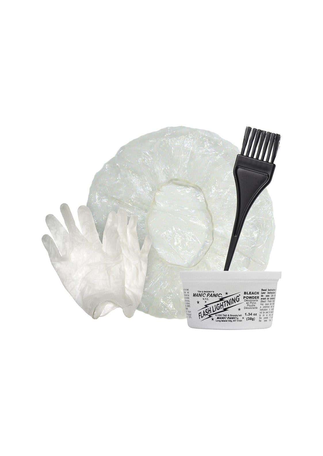 Weißes plastikbehälter labeled flash lightning bleach powder mit pinsel und handschuhen manic panic bleichset kit