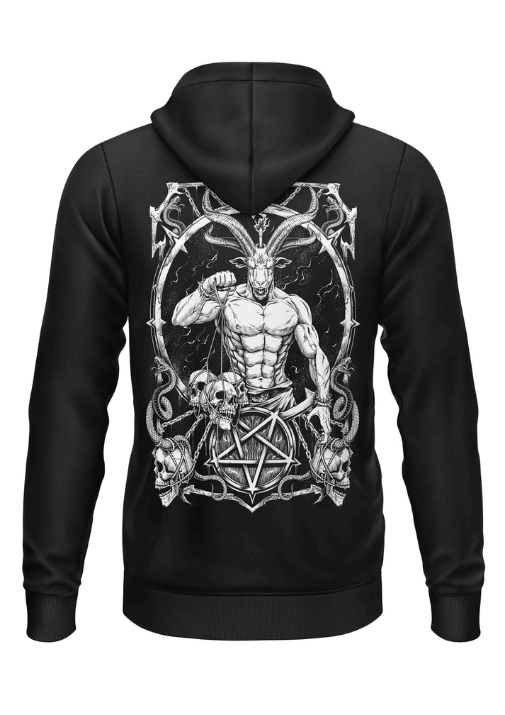 Schwarzer zip-up hoodie mit gothic horror backprint eines muskulösen ziegenkopfes, schädeln und pentagrammen
