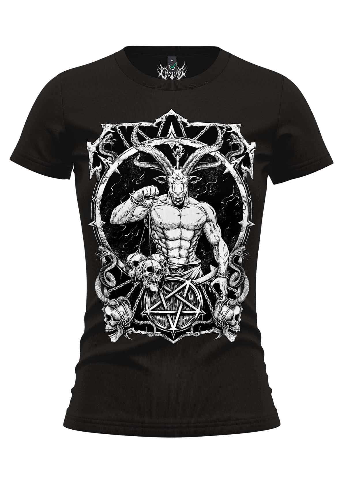 Schwarzes master of darkness girlie shirt mit detaillierter grafik eines muskulösen ziegengestaltigen körpers mit gehörn und schädeln