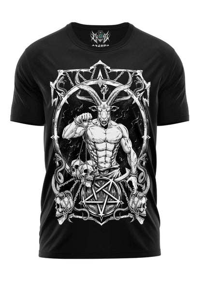 Schwarzes gothic t shirt master of darkness mit weißem horror motiv eines muskulösen ziegenkopfes mit hörnern und pentagrammen
