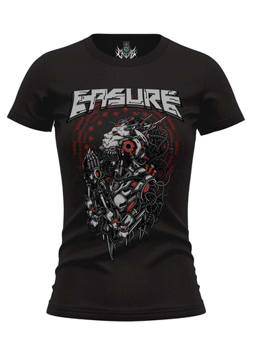 Black womens fitted t-shirt mecha girlie shirt mit futuristischer dark art cyberpunk löwe in verbindung düstere gothic-ästhetik