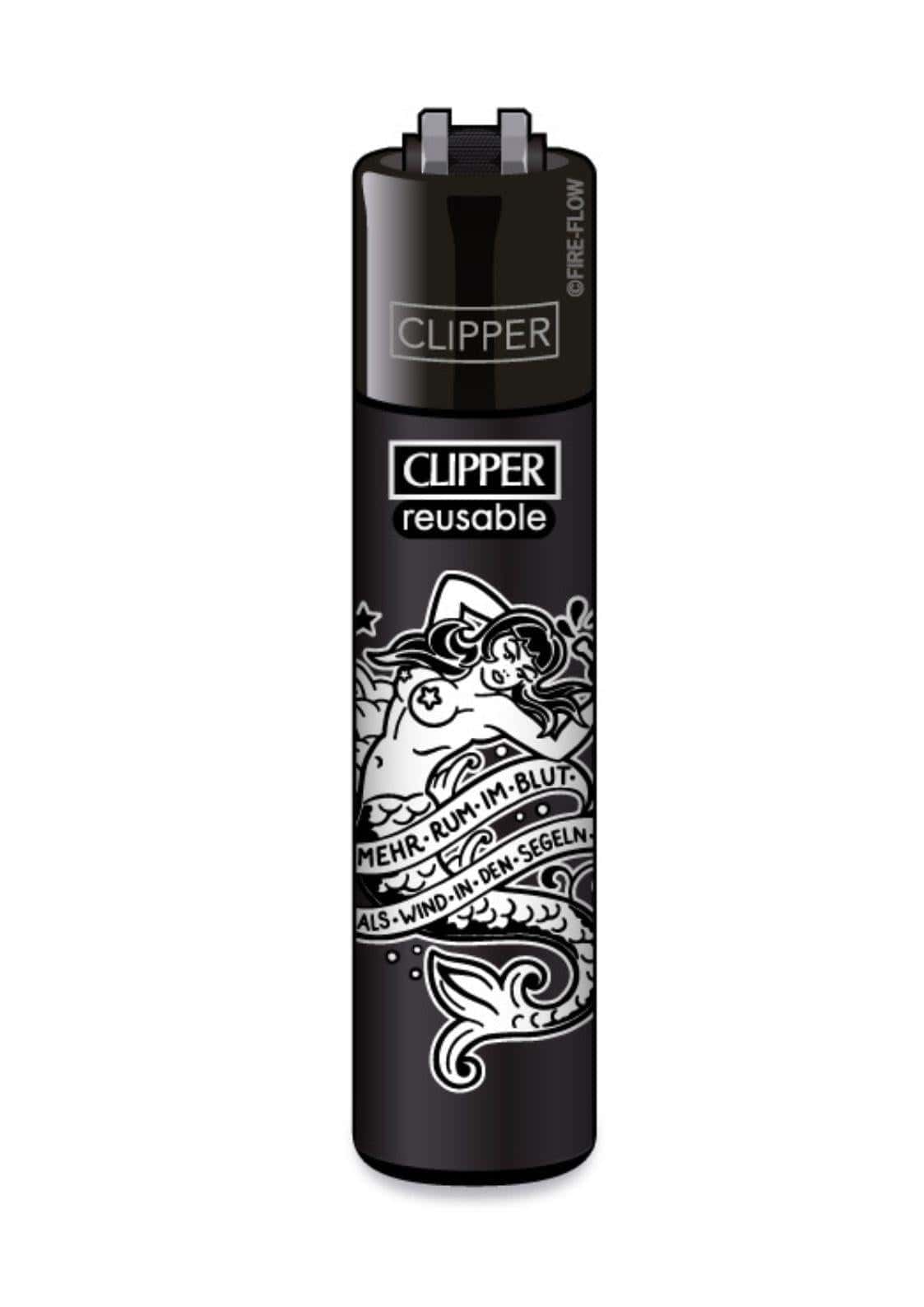 Schwarzes clipper feuerzeug mit weißem tattoostil meerjungfrau design und deutschem text für gothic kleidung fans