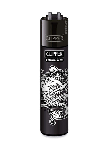 Schwarzes clipper feuerzeug mit weißem tattoostil meerjungfrau design und deutschem text für gothic kleidung fans