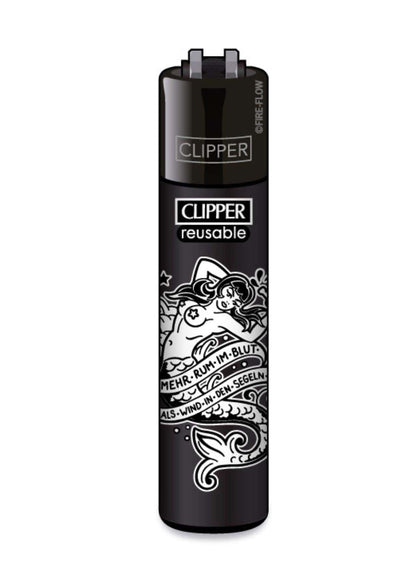 Schwarzes clipper feuerzeug mit weißem tattoostil meerjungfrau design und deutschem text für gothic kleidung fans