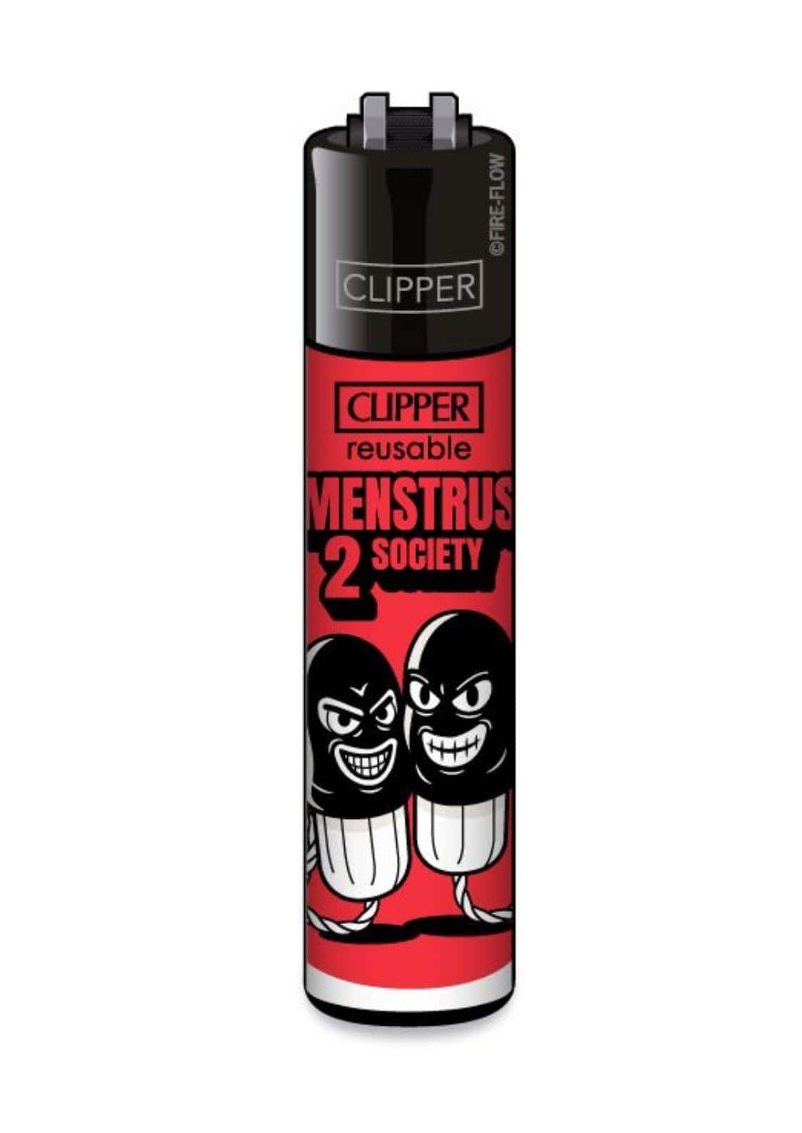 Rotes und schwarzes clipper feuerzeug mit austauschbarem feuerstein und menstrus 2 society cartoonmotiven