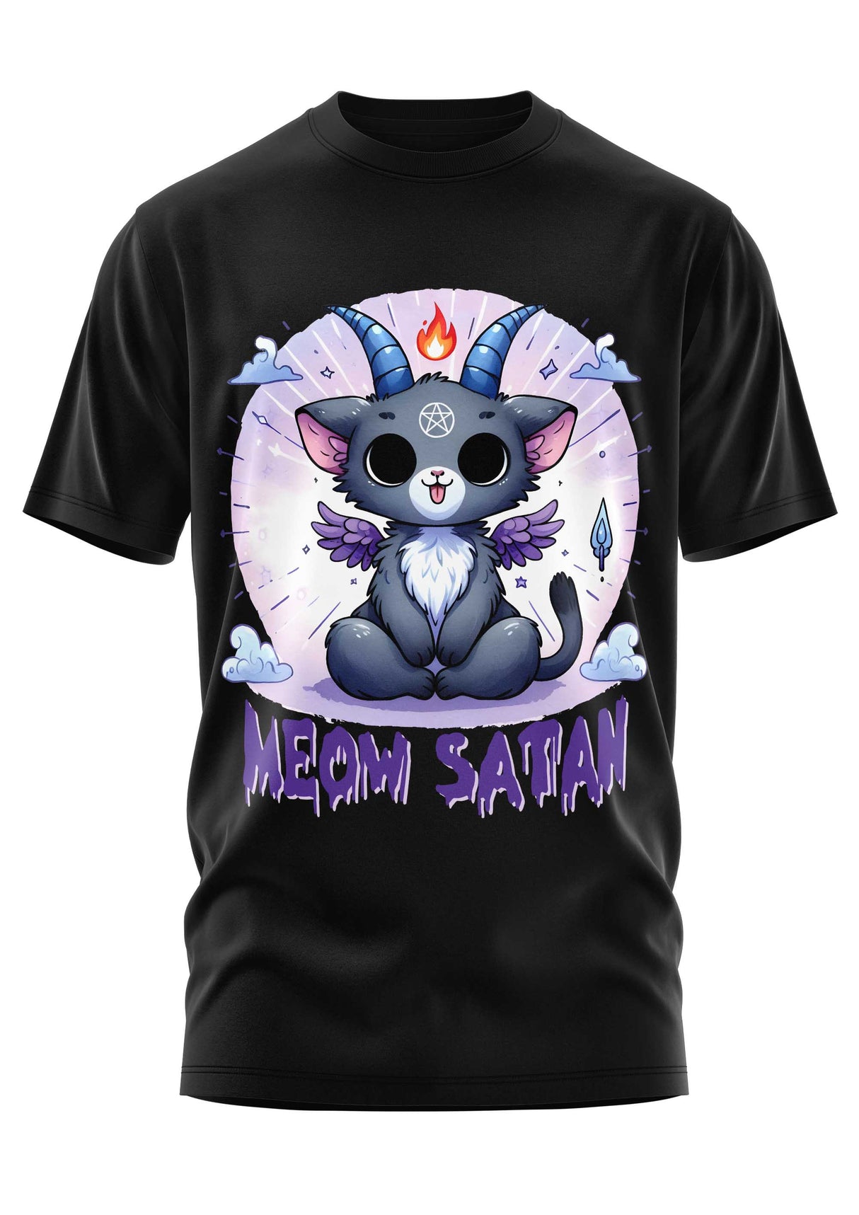 Schwarzes T-Shirt mit satanischer Katze im Cartoon-Design.