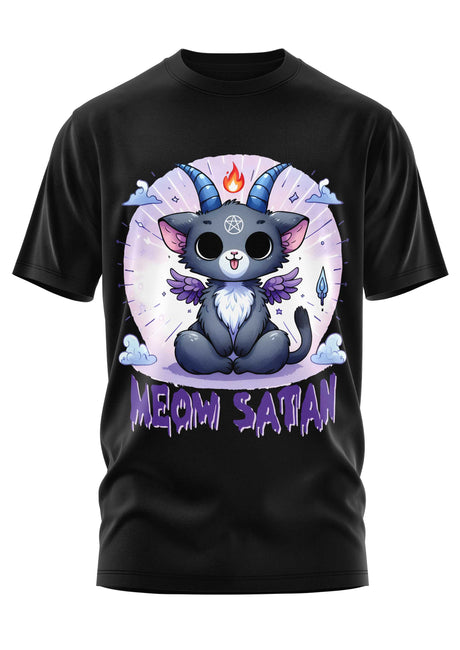Schwarzes T-Shirt mit satanischer Katze im Cartoon-Design.