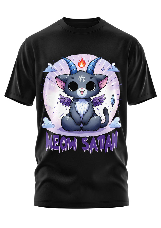 Schwarzes T-Shirt mit satanischer Katze im Cartoon-Design.