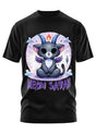 Schwarzes T-Shirt mit satanischer Katze im Cartoon-Design.