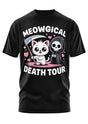 Schwarzes T-Shirt mit der Grafik ’Meowgical Death Tour’, auf der eine niedliche weiße Katze mit einer Sense und einem Sensenmann abgebildet ist.