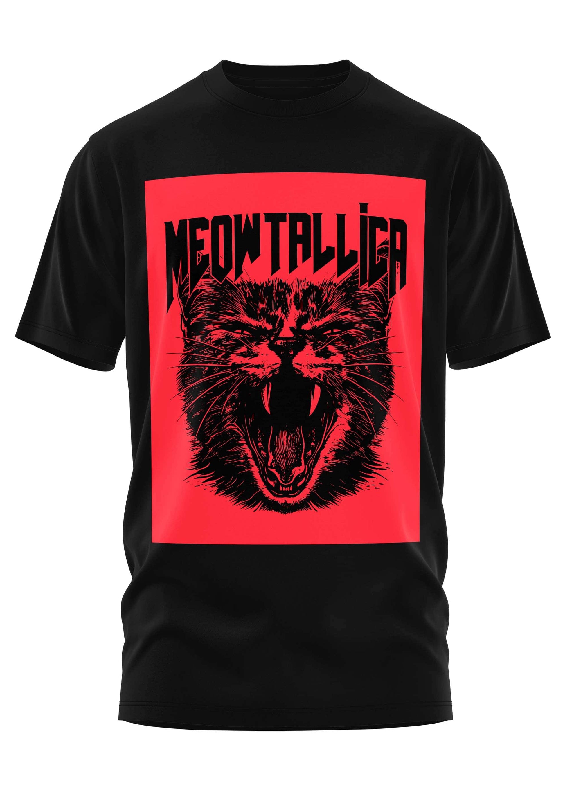 Schwarzes kurzarmshirt meowtallica mit rotem quadrat, gothic text und stilisierter brüllender katze für horror fans
