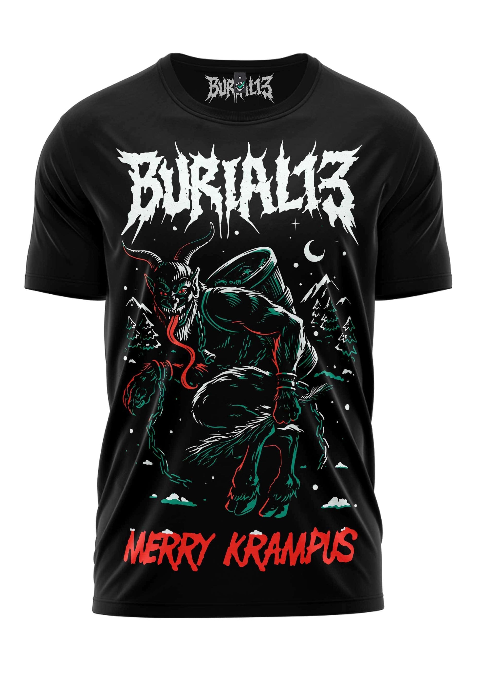 Schwarzes kurzärmliges T-Shirt mit detailliertem Grafikmotiv von Krampus in Grün und Rot, mit dem Text ’burial13’ oben und ’merry krampus’ unten.