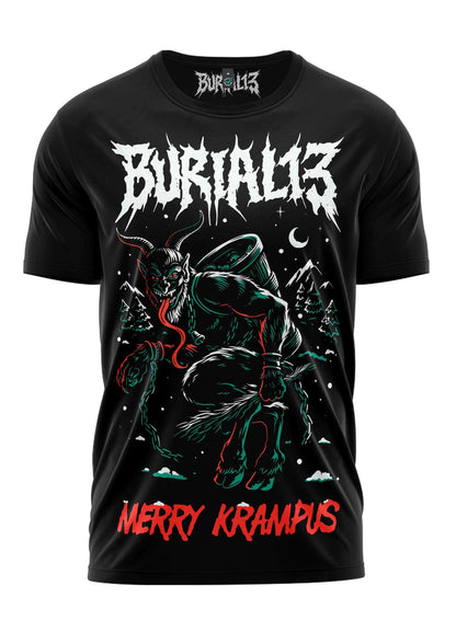 Schwarzes kurzärmliges T-Shirt mit detailliertem Grafikmotiv von Krampus in Grün und Rot, mit dem Text ’burial13’ oben und ’merry krampus’ unten.