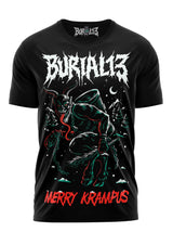 Schwarzes kurzärmliges T-Shirt mit detailliertem Grafikmotiv von Krampus in Grün und Rot, mit dem Text ’burial13’ oben und ’merry krampus’ unten.