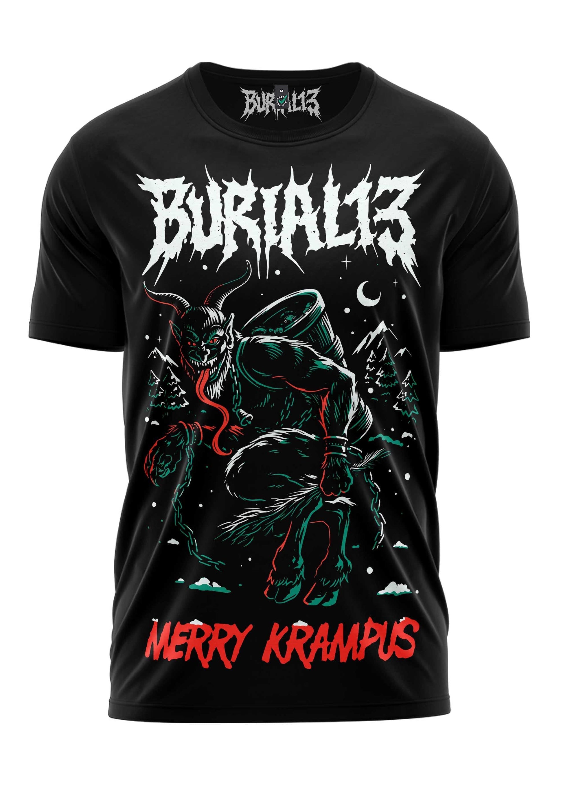 Schwarzes kurzärmliges T-Shirt mit detailliertem Grafikmotiv von Krampus in Grün und Rot, mit dem Text ’burial13’ oben und ’merry krampus’ unten.