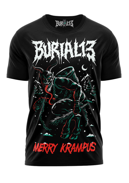 Schwarzes kurzärmliges T-Shirt mit detailliertem Grafikmotiv von Krampus in Grün und Rot, mit dem Text ’burial13’ oben und ’merry krampus’ unten.