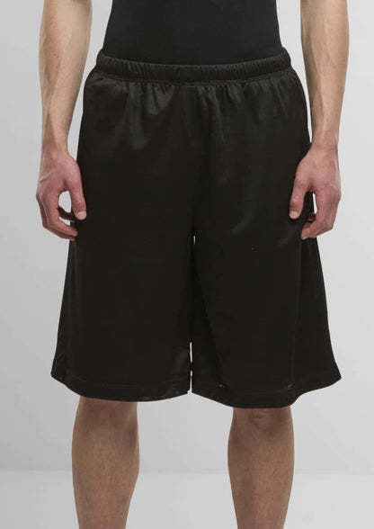 Schwarze satin mesh shorts von brandit savage vintage mit elastischem bund und glänzendem finish für dark fashion cargo look
