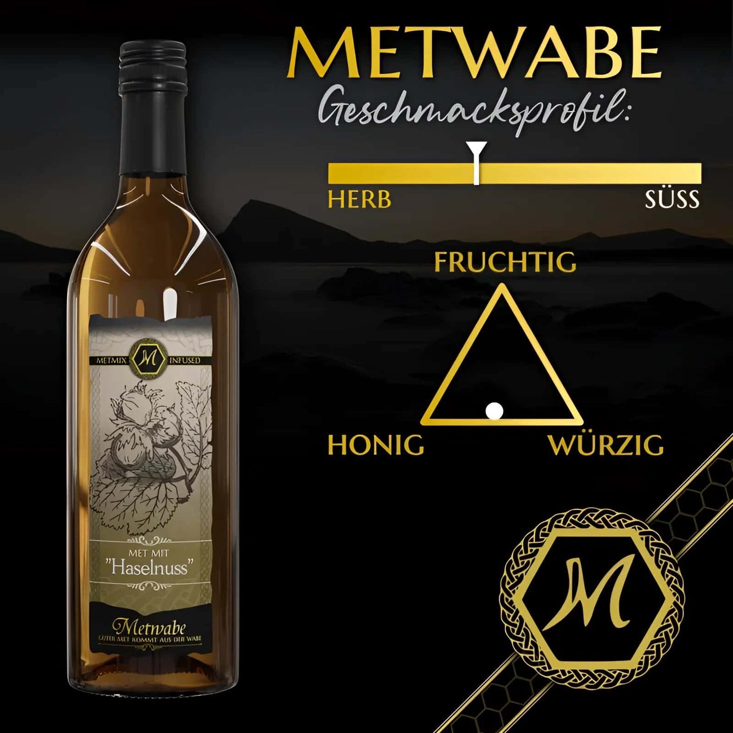 Klare glasflasche met mit haseknuss metwein mit schwarzem verschluss und gotischem etikett in goldschrift