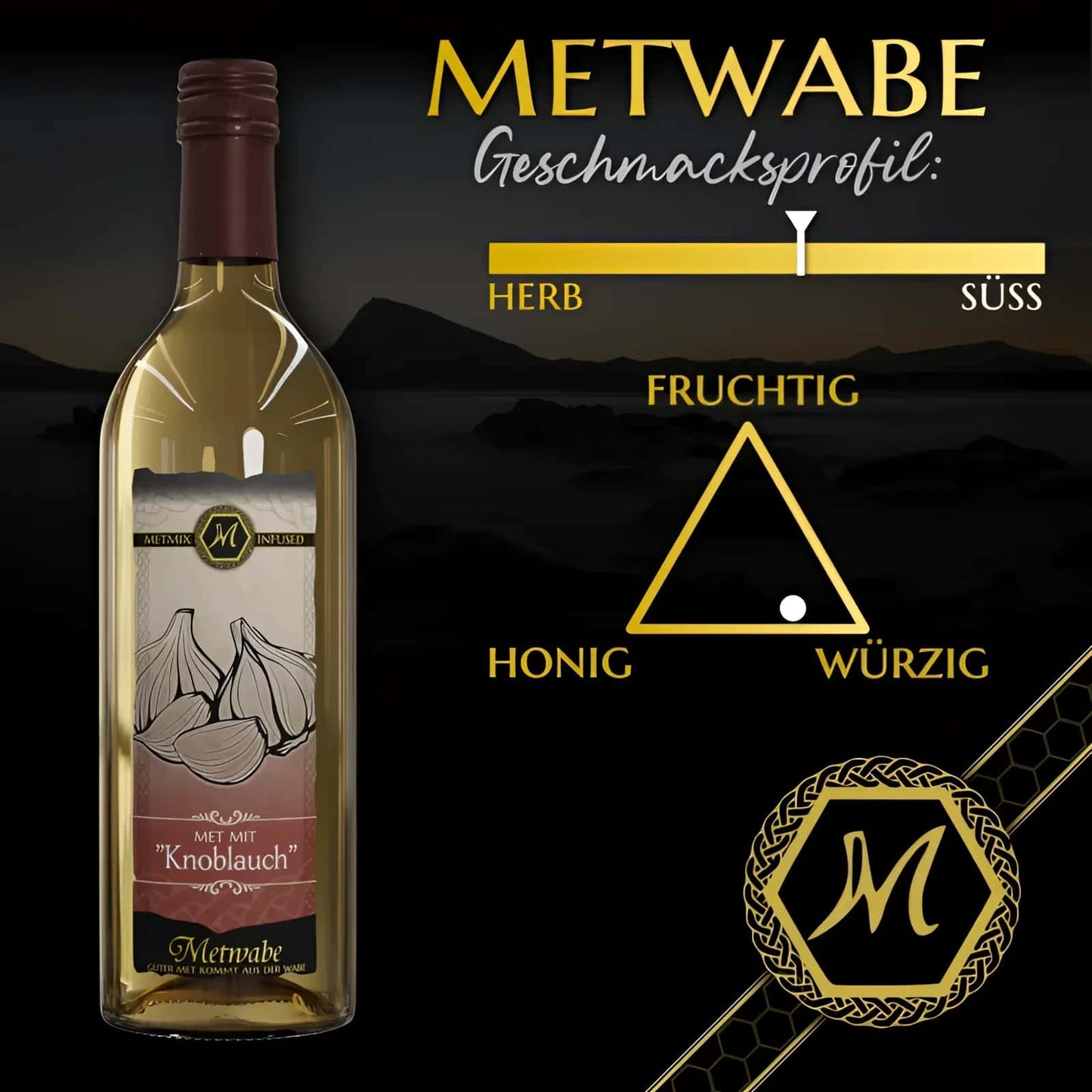 Eine klare glasflasche metwabe knoblauchinfundierter trockener weißwein mit bordeauxrotem folie kappe und knoblauchillustrationen perfekt für das thema kochen und unterschiedlichsten rezepte normal getrunken