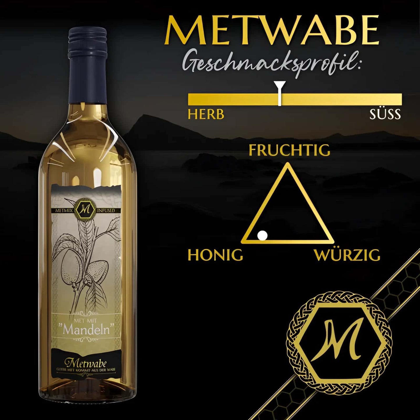 Eine klare glasflasche metwabe weißwein mandeln verfeinert mit dunkelblauem verschluss und botanischem etikett