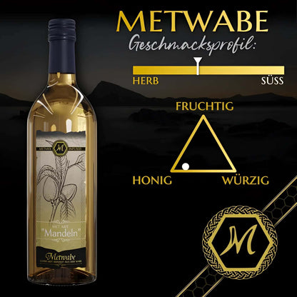 Eine klare glasflasche metwabe weißwein mandeln verfeinert mit dunkelblauem verschluss und botanischem etikett